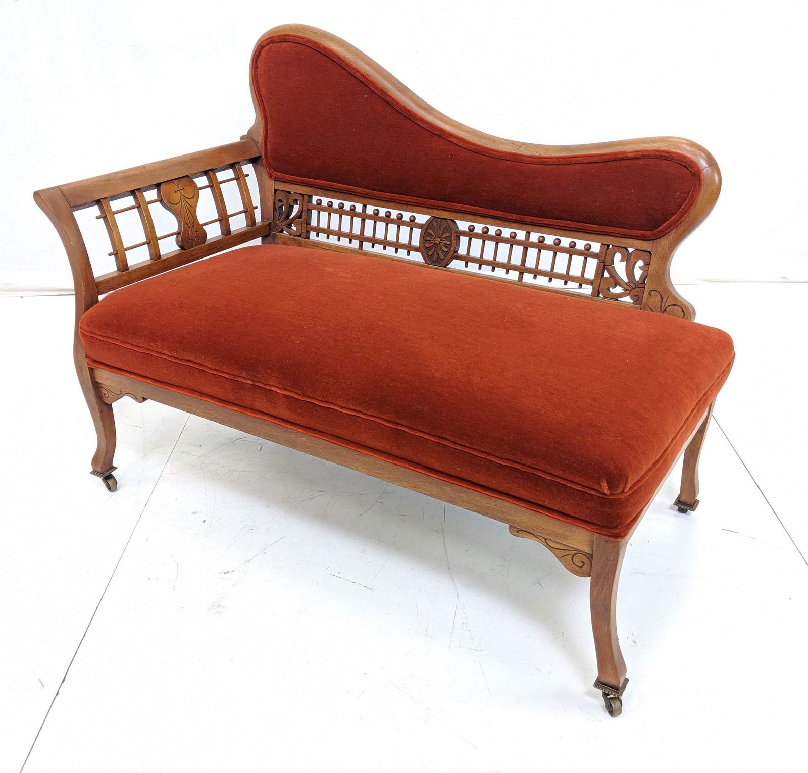 Small Victorian Settee Dark Orange Velvet Upholst (1 of 12)