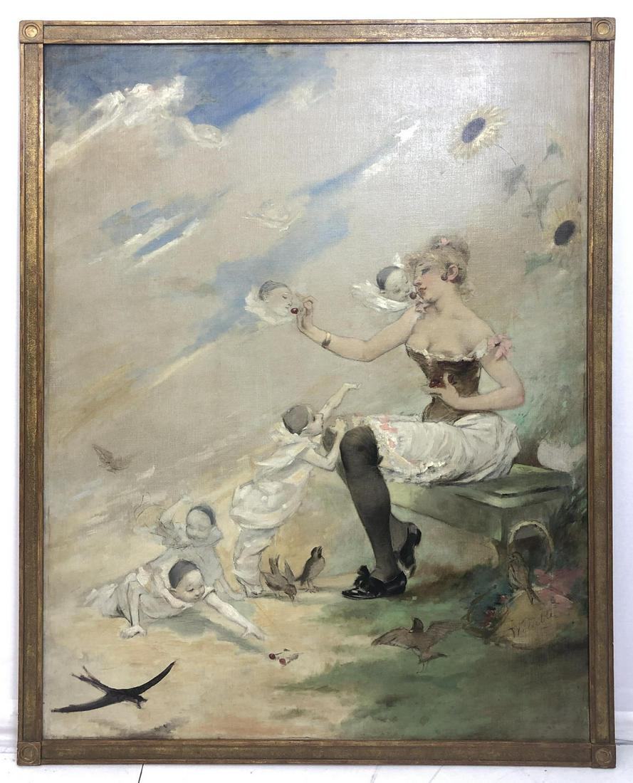 ADOLPHE LEON WILLETTE (French, 1857-1926) Lg Oil: ADOLPHE LEON WILLETTE (French, 1857-1926) Lg Oil Painting. CERESES with Pierrot Children. Oil on canvas. Signed Willette. This oil was one of nine executed by Willette for the interior of L'Auberge du