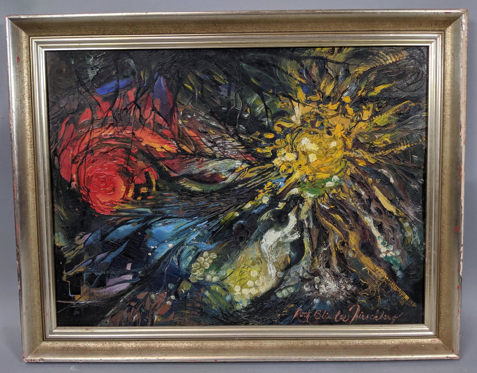 RUTH BLINDER HIRSCHBERD Abstract Painting. Textur: RUTH BLINDER HIRSCHBERD Abstract Painting. Textured paint. Oil on canvas. Signed.-- Dimensions: Image Size: H: 17.5 inches: W: 23 inches ---