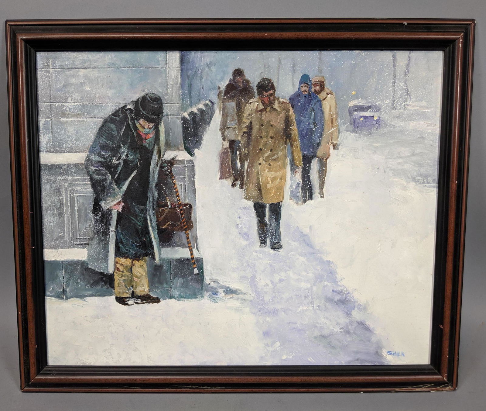 LOUIS J SHER Oil Painting Snow Street Scene. Sign (1 of 11)