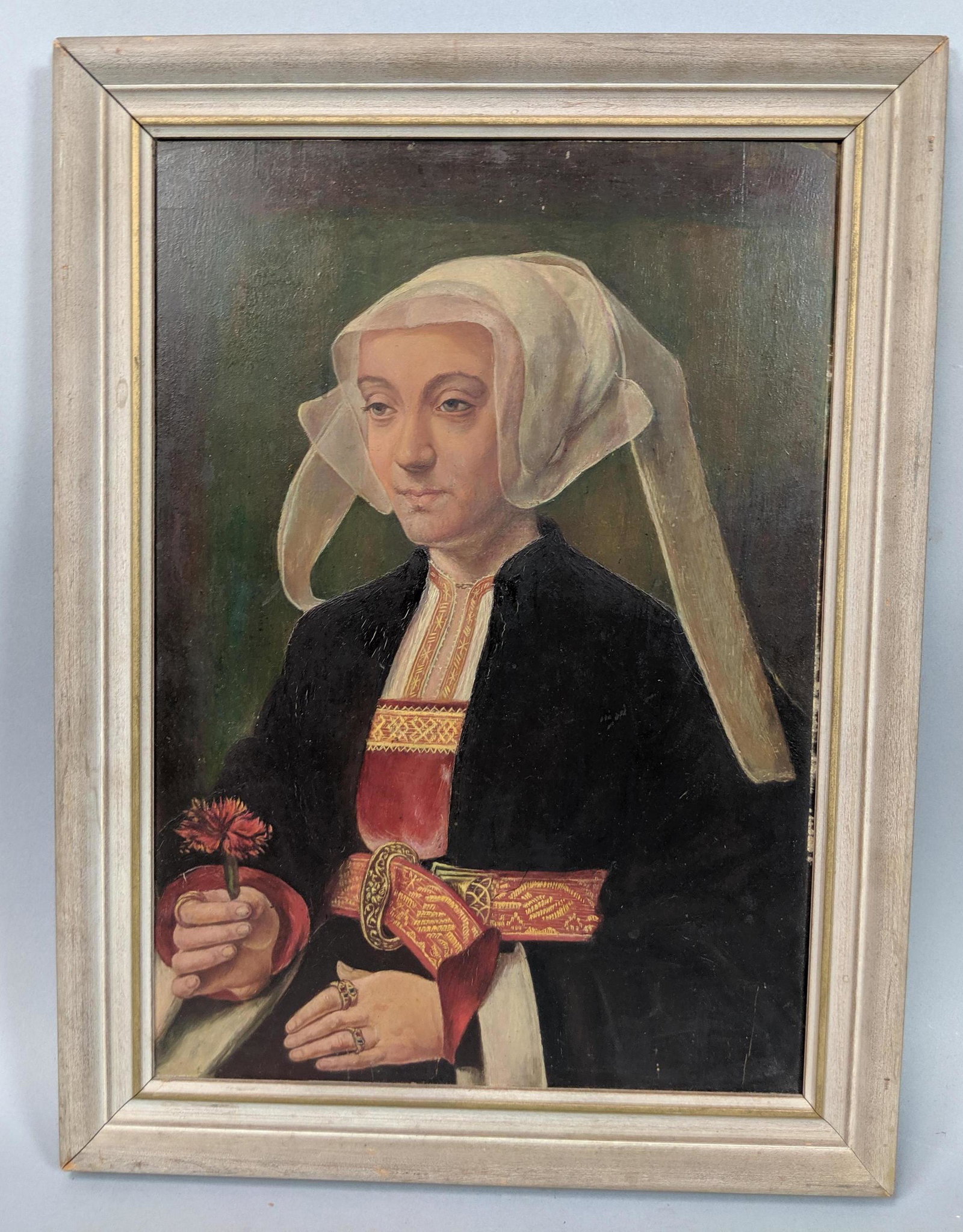 Oil Painting of Nun holding Flower. Oil on board.: Oil Painting of Nun holding Flower. Oil on board. No signature visible.-- Dimensions: Image Size: H: 15 inches: W: 10.5 inches ---