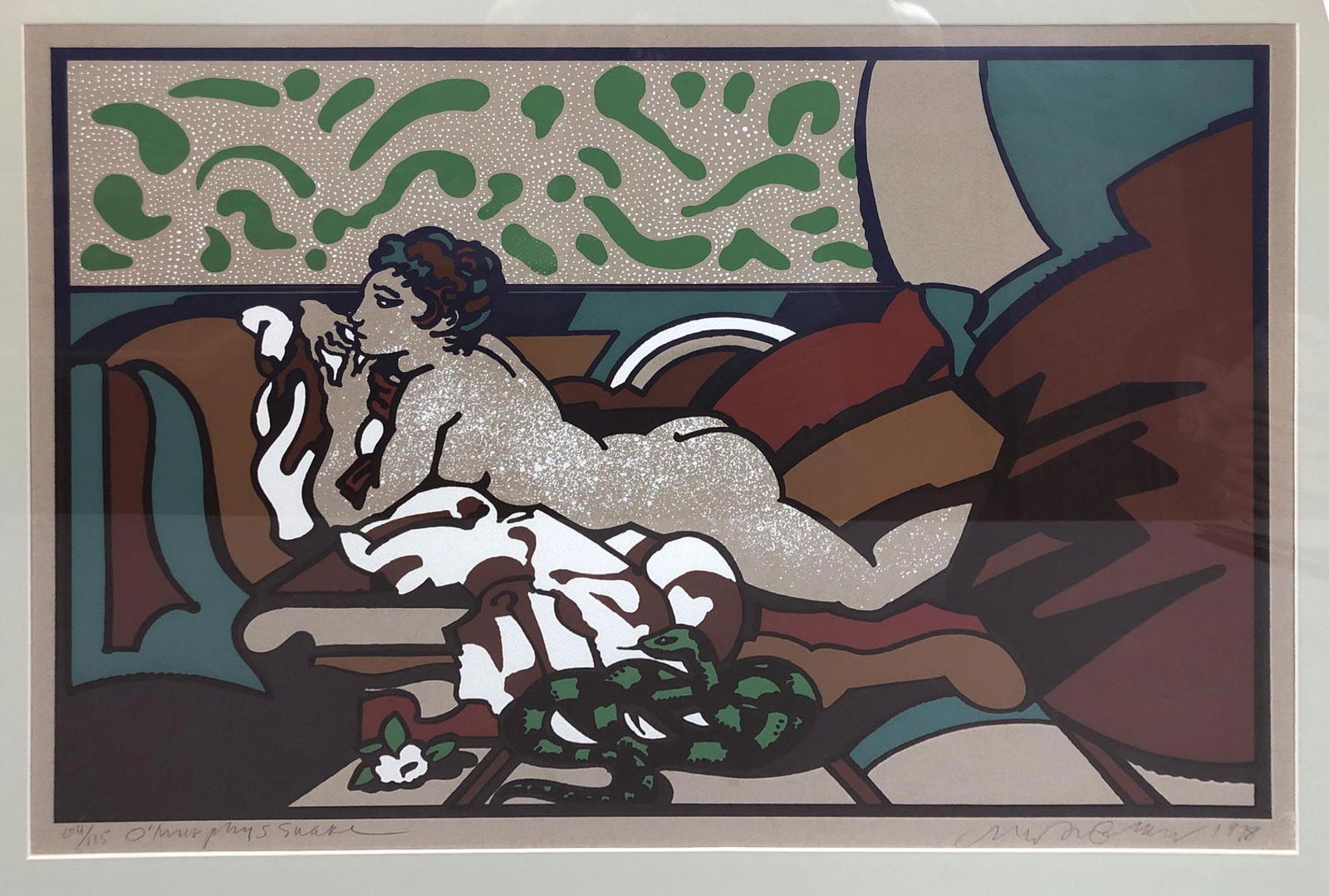 MILTON GLASER 1978 Silkscreen Print "O'Murphys Sn: MILTON GLASER 1978 Silkscreen Print "O'Murphys Snake". Graphic image of nude woman on couch. Pencil Signed, numbered 64/125, dated 1978-- Dimensions: Image Size: H: 18.5 inches: W: 24 inches ---