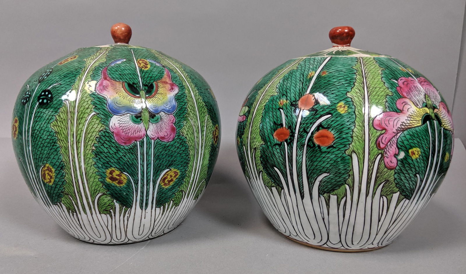 Near Pair Famille Rose Bulbous Lidded Vases Gin (1 of 14)