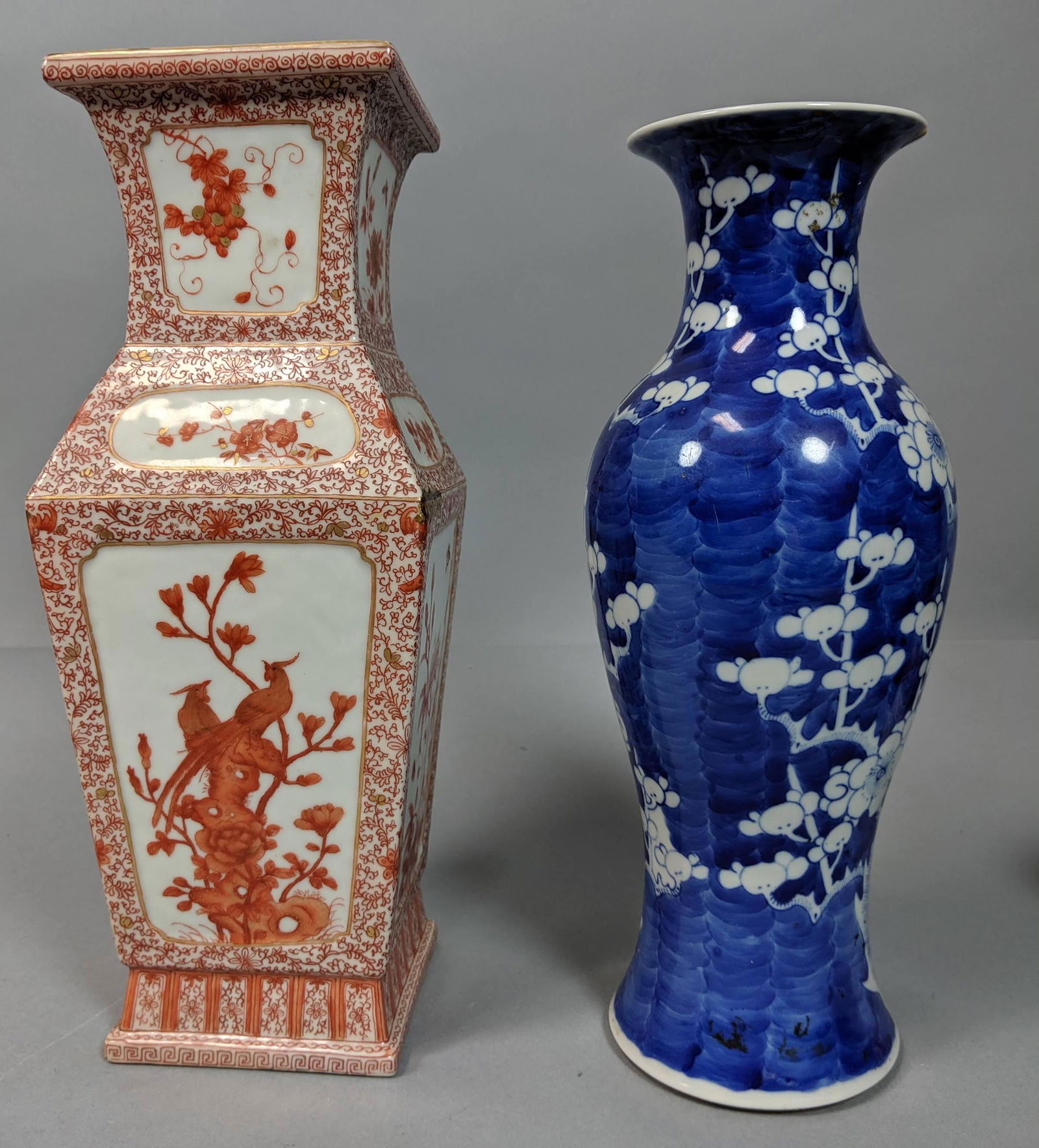 2pc Painted Glazed Asian Tall Vases. 1) 4 sided s (1 of 16)