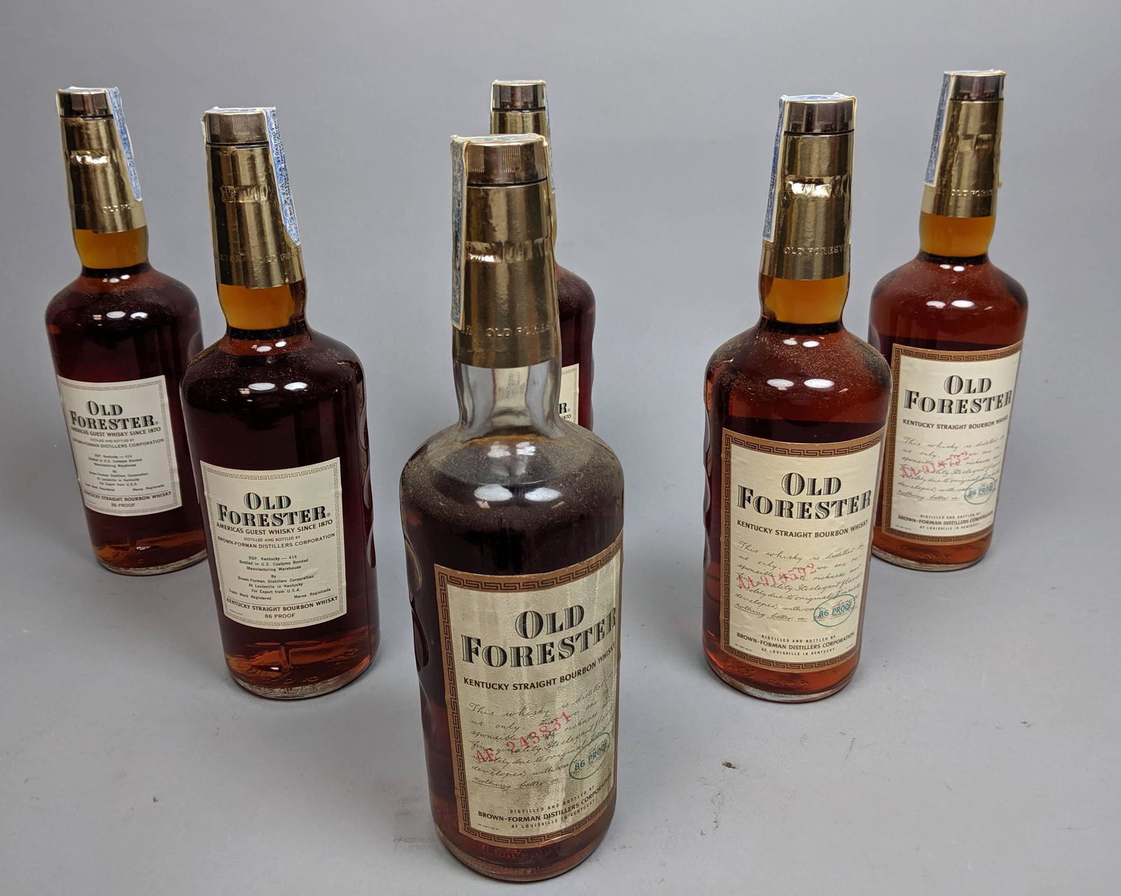 6 OLD FORESTER Kentucky Bourbon Whiskey Bottles. (1 of 8)