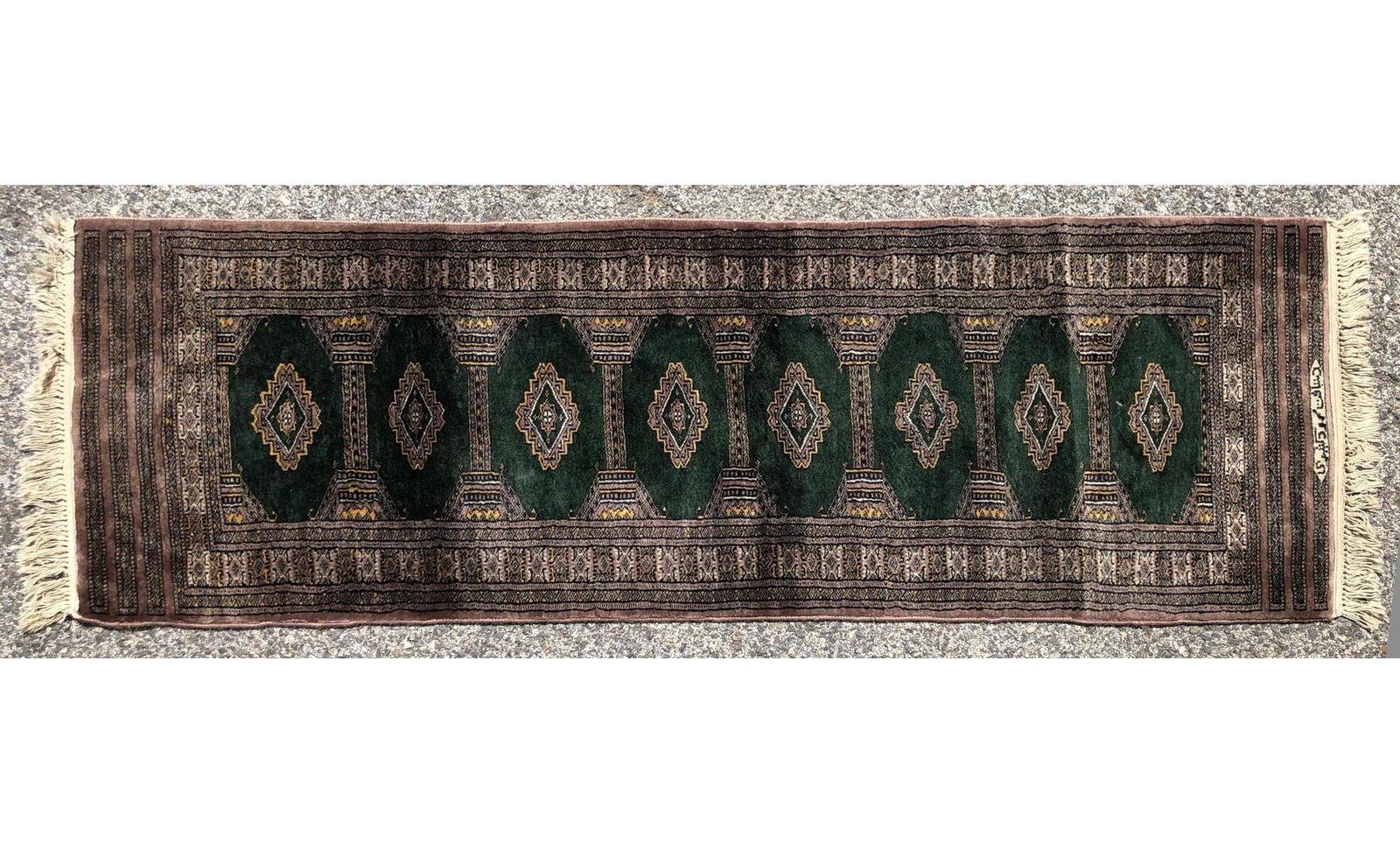 2' x 6'3 Handmade Oriental Rug Carpet Runner. Re: 2' x 6'3 Handmade Oriental Rug Carpet Runner. Repeating with green field. -- Dimensions: ---