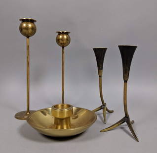 5pc Modernist Brass Tableware Lot. 1-2) Pr RENA R: 5pc Modernist Brass Tableware Lot. 1-2) Pr RENA ROSENTHAL candlesticks. 3)PL DK Danish 2pc brass candlesticks. 4-5) SKULTUNA bulbous candlesticks.-- Dimensions: H: 9 inches: W: 2.5 inches ---