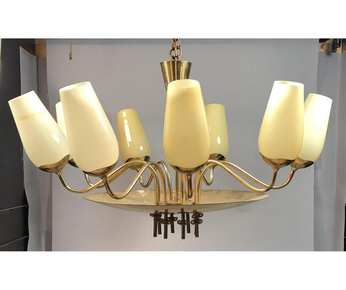 Large PAAVO TYNELL Brass & Glass Shade Chandelier (1 of 17)