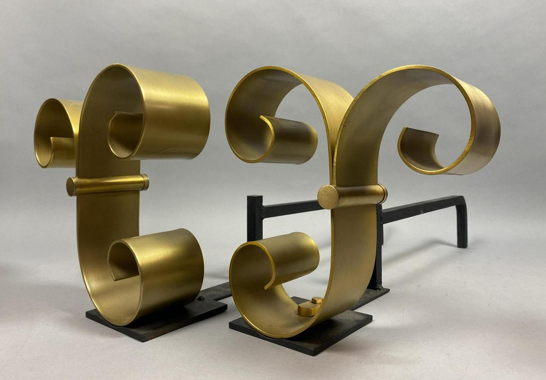 Pr Modernist Decorator Brass Scroll Andirons. Ray (1 of 7)