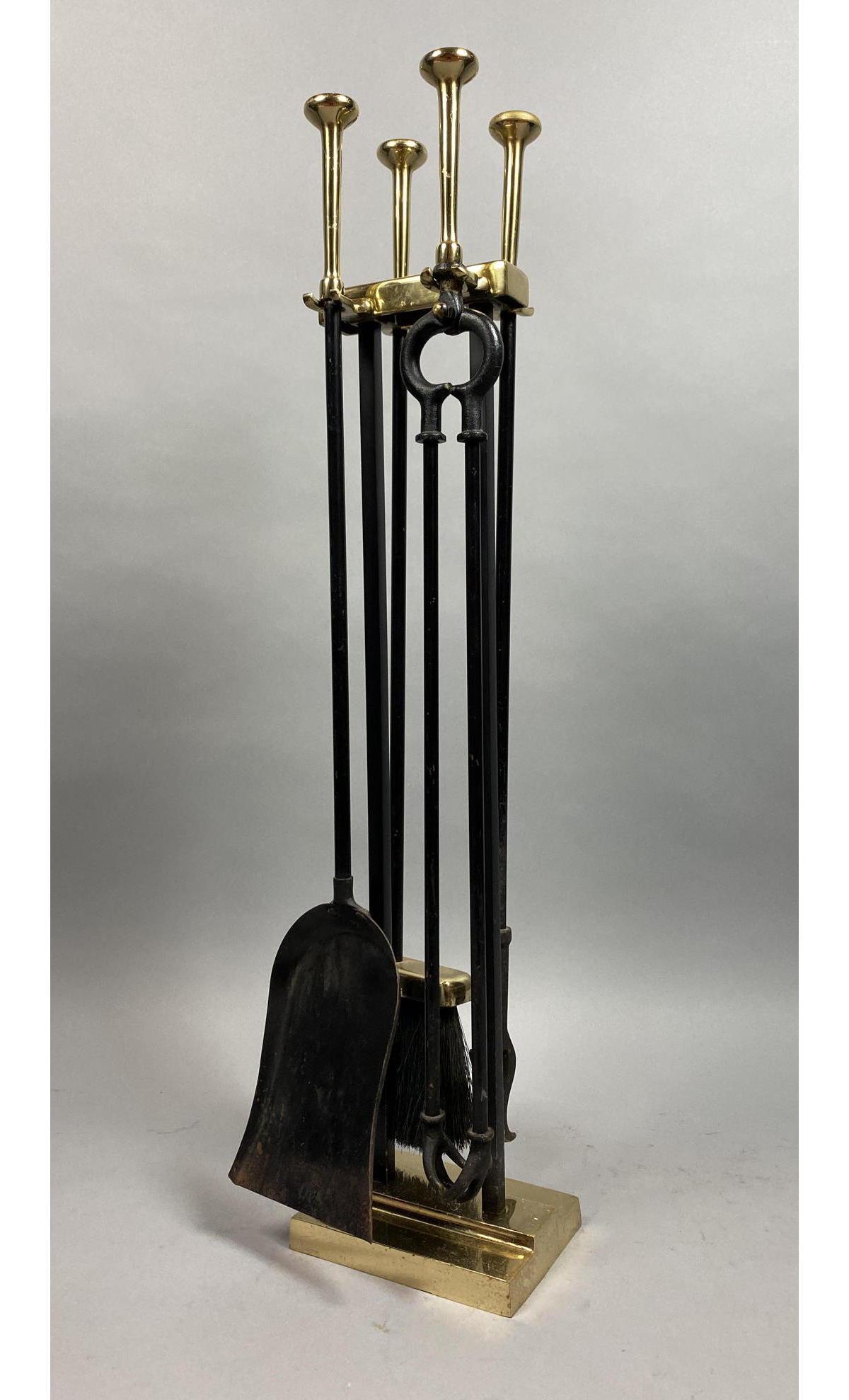 Modernist Brass Black Iron Fireplace Tools. Stand (1 of 7)