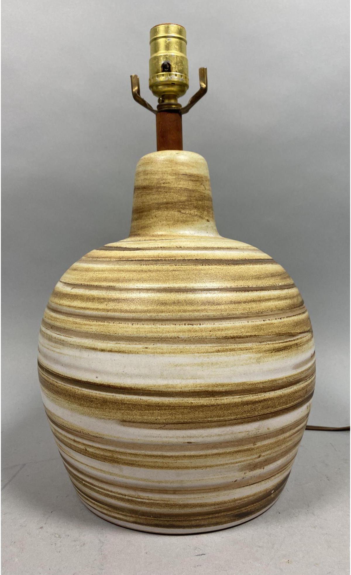 MARTZ for MARSHALL STUDIOS Large Bulbous Lamp. Ro: MARTZ for MARSHALL STUDIOS Large Bulbous Lamp. Rounded form with thick neck. Neutral tan brown and white horizontal bands.-- Dimensions: H: 16 inches: W: 8.5 inches: D: 8.5 inches ---