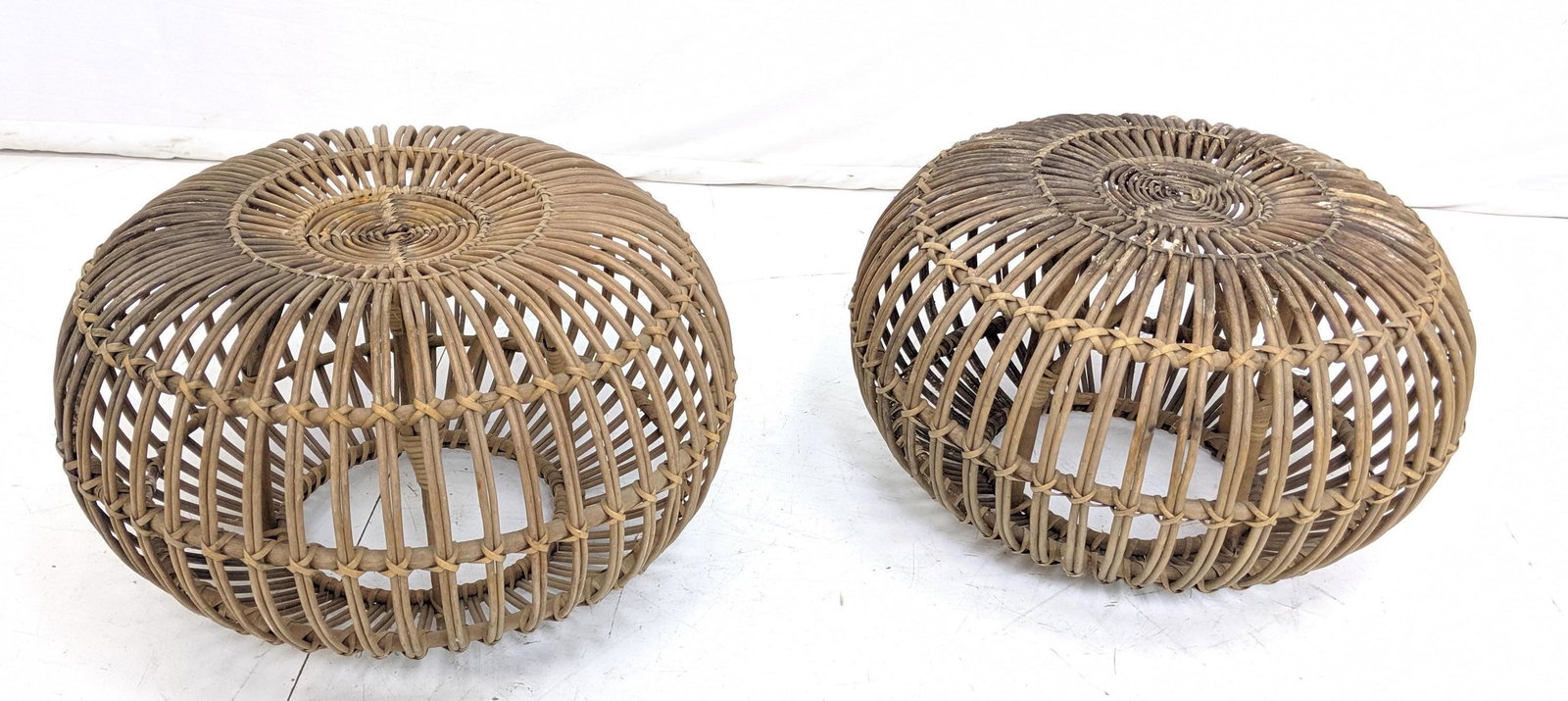 Pr FRANCO ALBINI Woven Wicker Pouf Stools. Round (1 of 10)