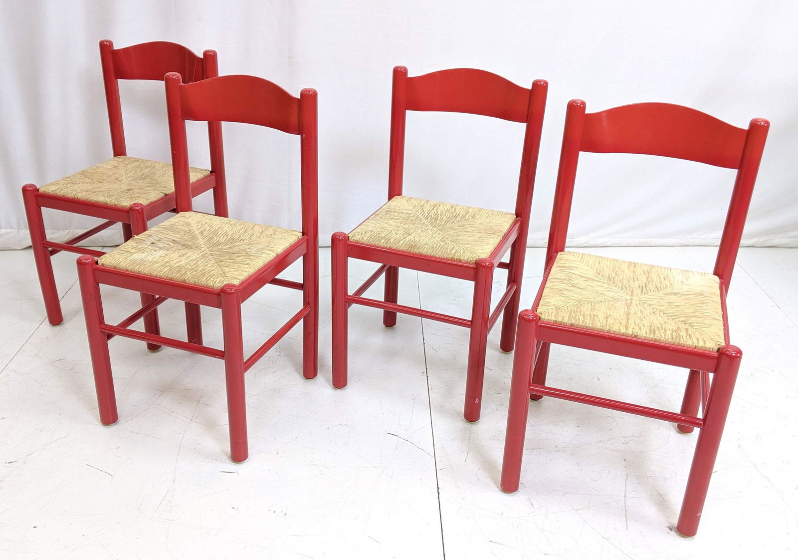 Set 4 Red Enamel Painted Side Chairs. Woven Rush (1 of 9)