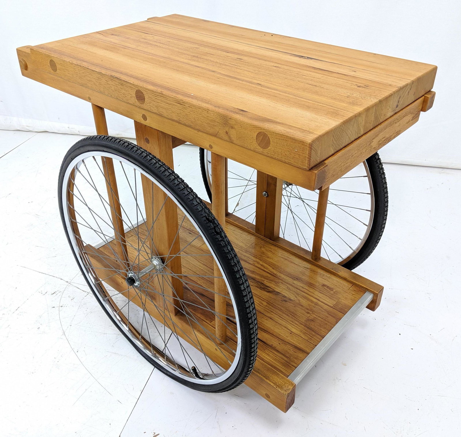 Bill Saunders Butcher Block Rolling Tea Bar Cart. Bicyc: Bill Saunders Butcher Block Rolling Tea Bar Cart. Bicycle Tires. Aluminum trim. -- Dimensions: H: 30 inches: W: 22.5 inches: D: 33 inches ---