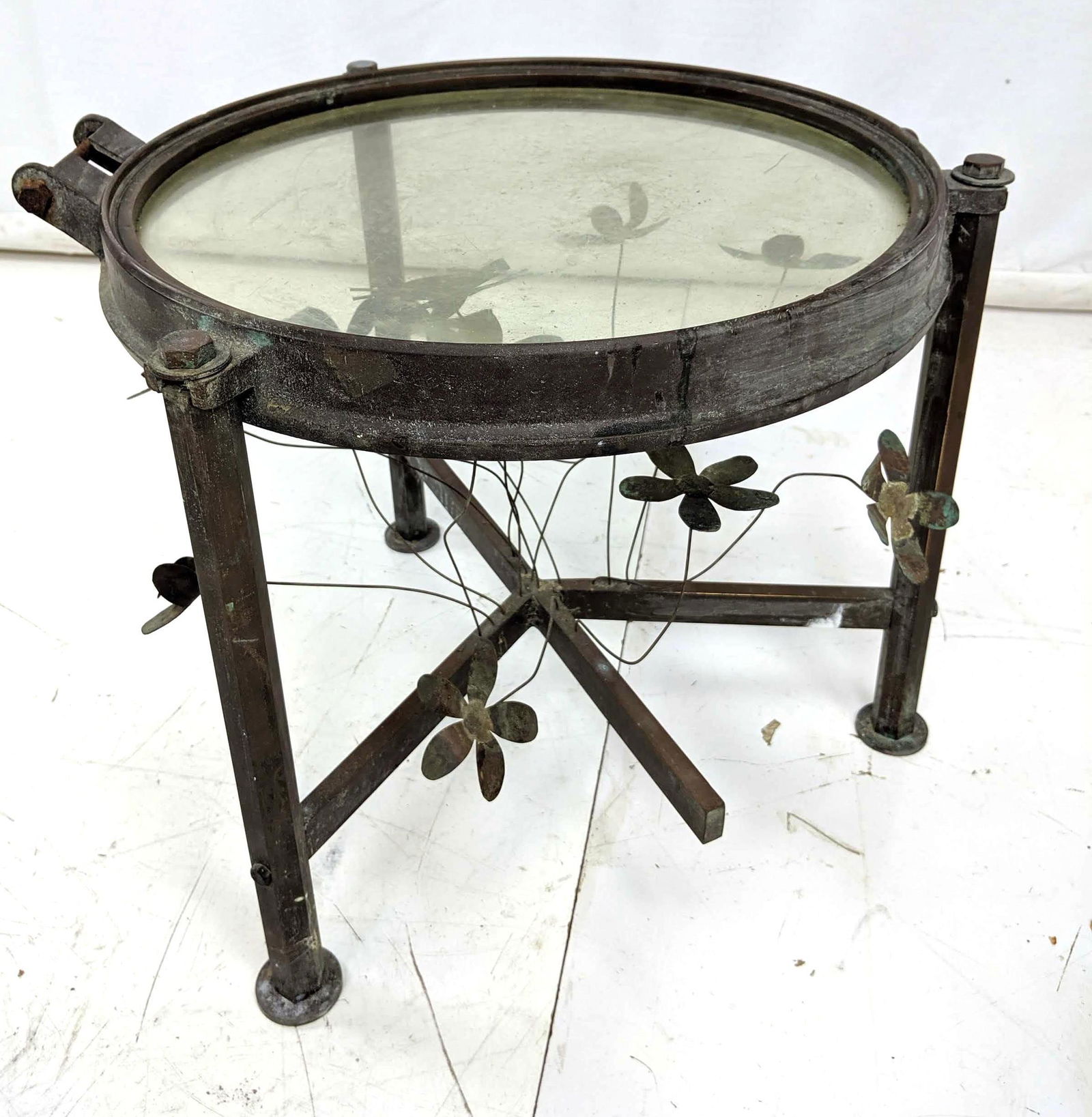 Heavy Brass Round Glass Top Side Table. Wire sculptural (1 of 8)