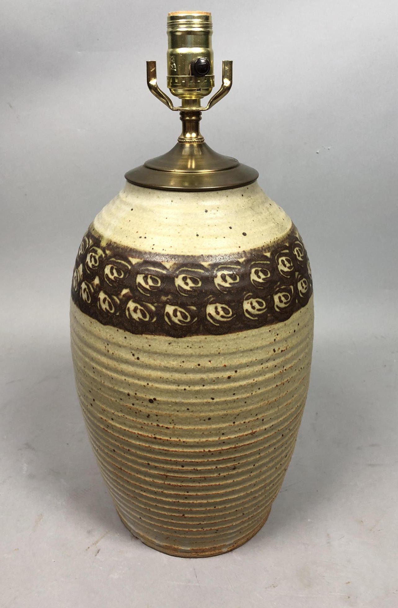 Mid Century Pottery Table Lamp. Ribbed texture with cir (1 of 8)