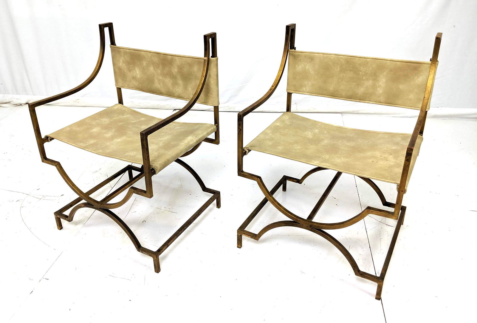 Pair Heavy Gilt Metal Savonarola Director Style Chairs (1 of 7)