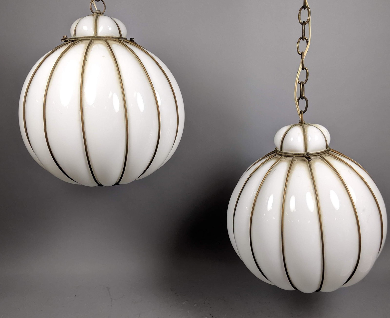 Pr Italian white Glass Hanging Ball Chandeliers. Blown (1 of 12)