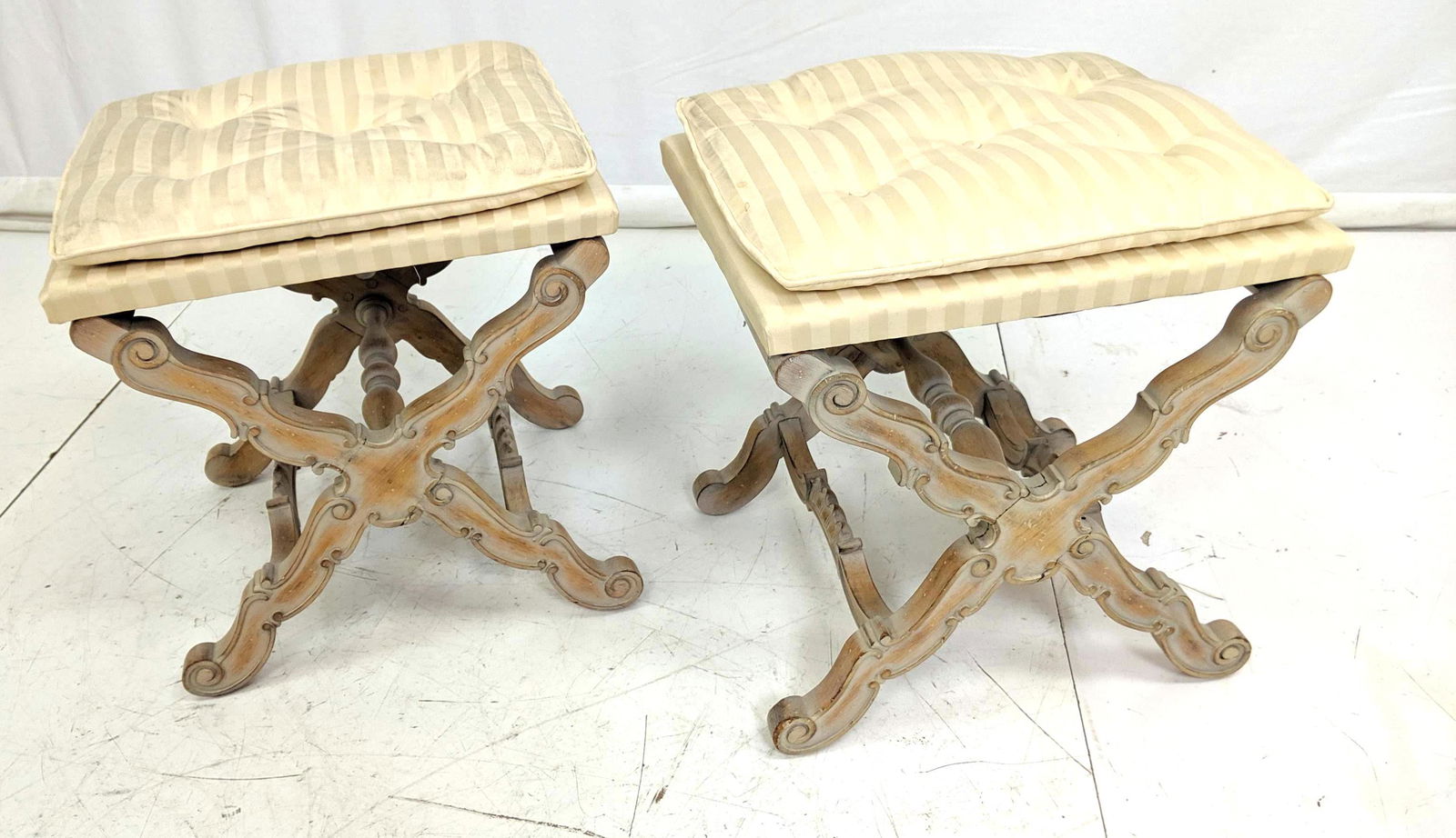 Pair of Carved Decorator "X" Base Benches Stools (1 of 9)