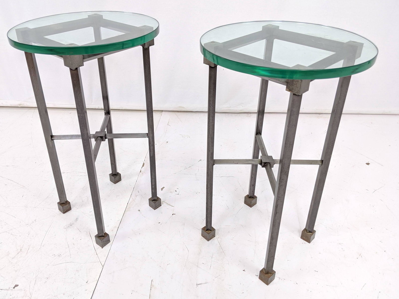 Pr Heavy Steel Machine Age Glass Top SIde Tables. .75" (1 of 6)