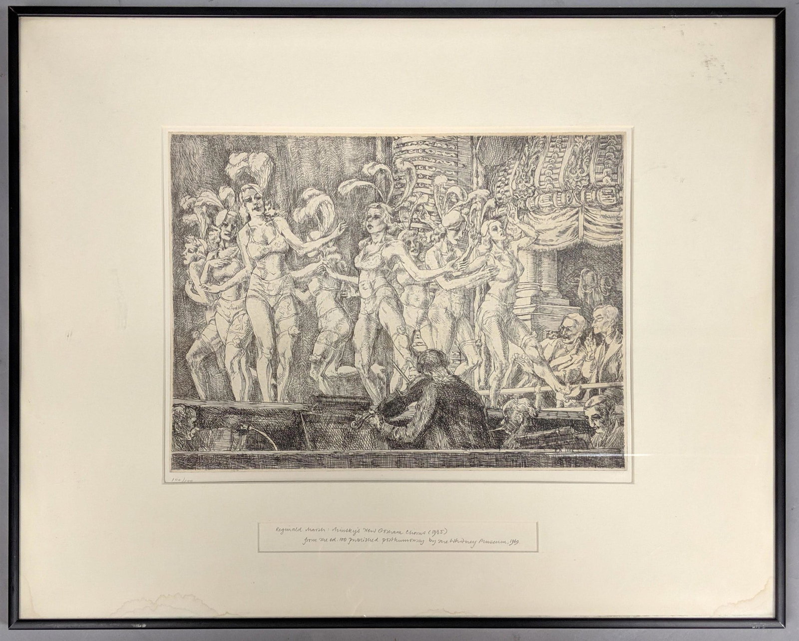Antique REGINALD MARSH Figural Etching. "Minsky's New G: Antique REGINALD MARSH Figural Etching. "Minsky's New Gotham Chorus" 1935. Image Semi-nude burlesque dancers & Chorus with violin ists. Reprint Posthumously by Whitney Museum 1969. -- Dimensions: Imag