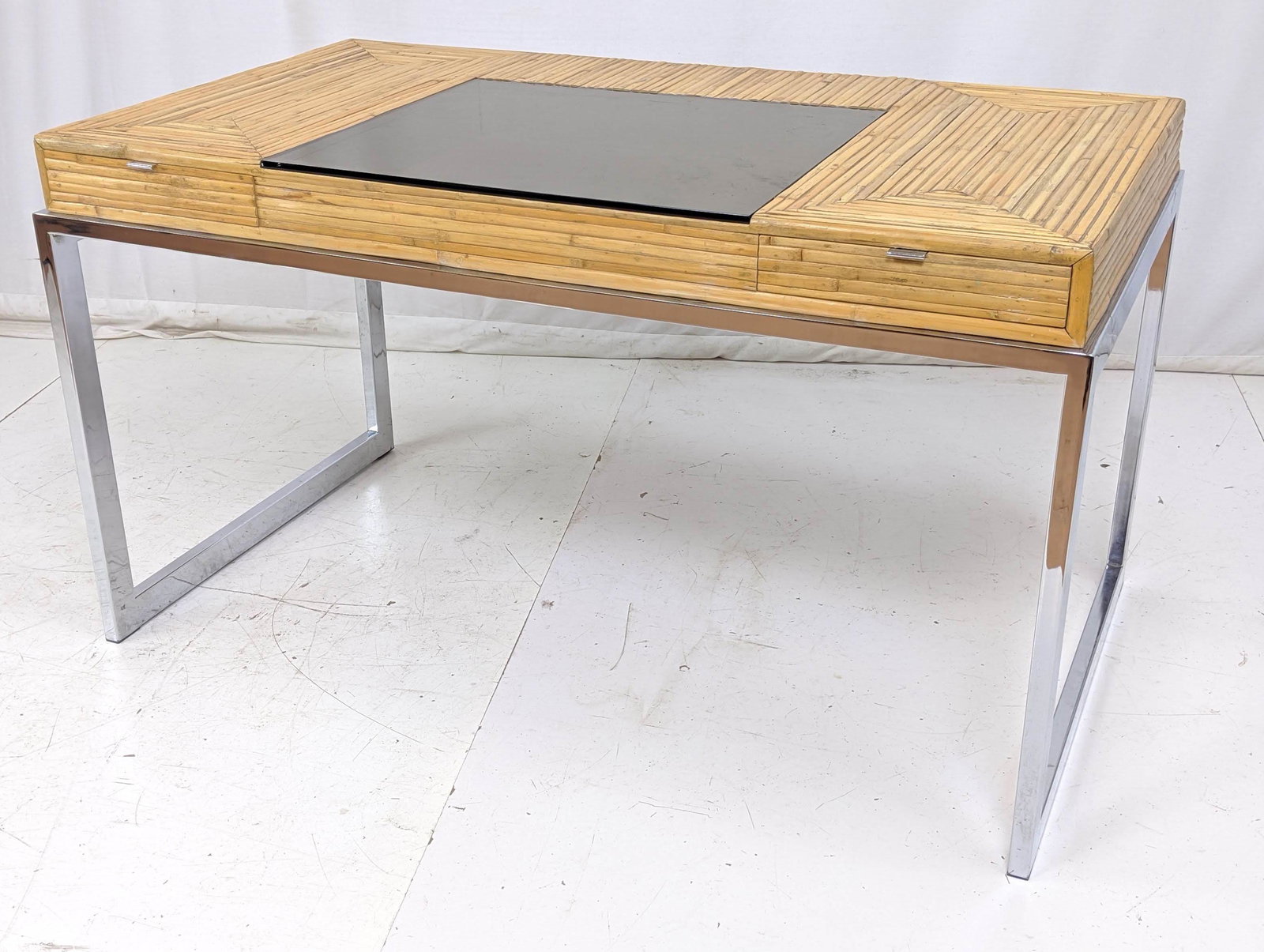 Modernist Chrome Bamboo Glass Top Desk Table. Two drawe (1 of 9)
