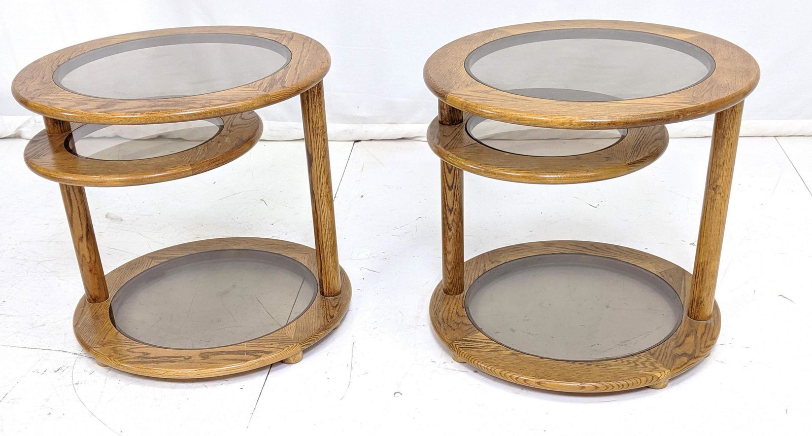 Pr of Oak Swivel Side End Tables. Inset smoked glass. M (1 of 10)