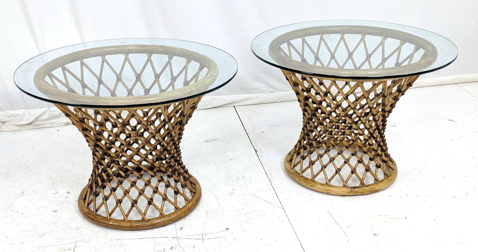 Pr Woven Rattan Glass Top Side tables. Corseted forms. (1 of 7)