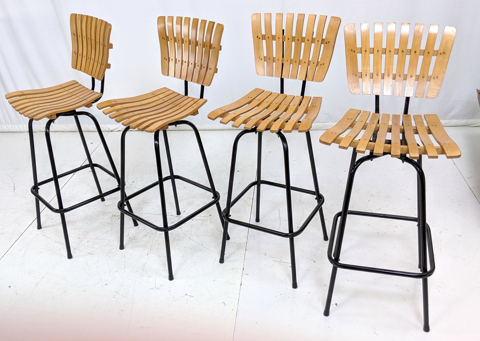 4pc Arthur Umanoff style Slat Wood Bar Stools. Swivel m (1 of 8)