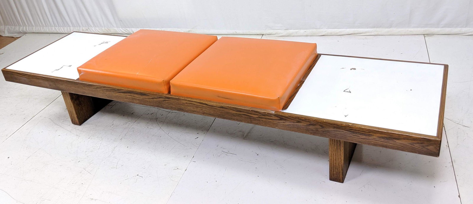 Modernist Oak Bench. Vinyl upholstery. Two seats. Paint (1 of 10)