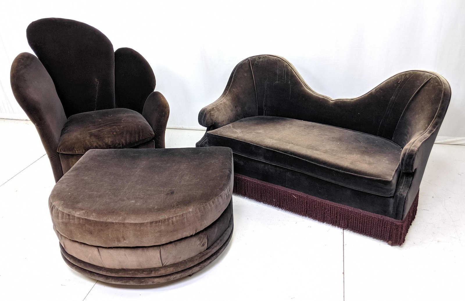 3pc Art Deco Loveseat Lounge Chair Ottoman. Organic cur: 3pc Art Deco Loveseat Lounge Chair Ottoman. Organic curvy design with fringe tassel detail. Dark upholstery. -- Dimensions: H: 31 inches: W: 62 inches: D: 30 inches ---