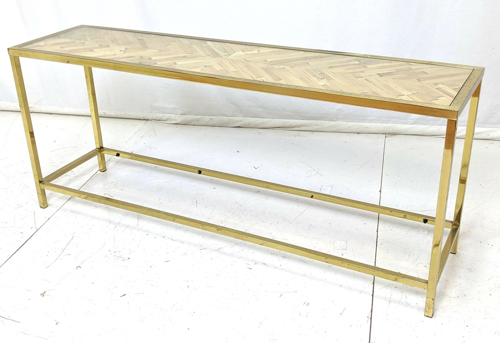Decorator Brass Square Frame Sofa Console Table. Rattan (1 of 10)