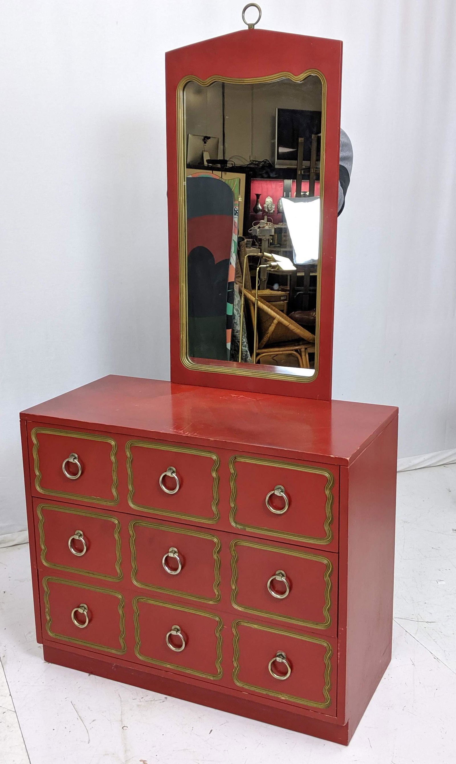 Dorothy Draper Style Chest And Mirror Painted Burgundy Oct 29