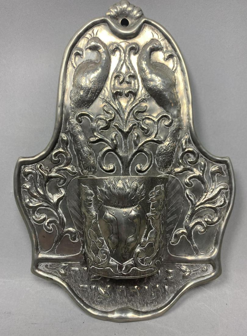 Silver Metal Match Holder Wall Hanging. Repousse peacoc (1 of 8)