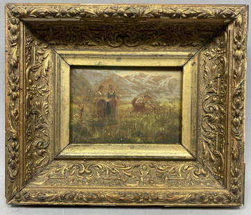 LEON AUGUSTIN L'HERMITTE French Oil Painting. Ladies i: LEON AUGUSTIN L'HERMITTE French Oil Painting. Ladies in Field. Marked on reverse. Framed painting on canvas.-- Dimensions: Image Size: H: 4 inches: W: 5.5 inches ---