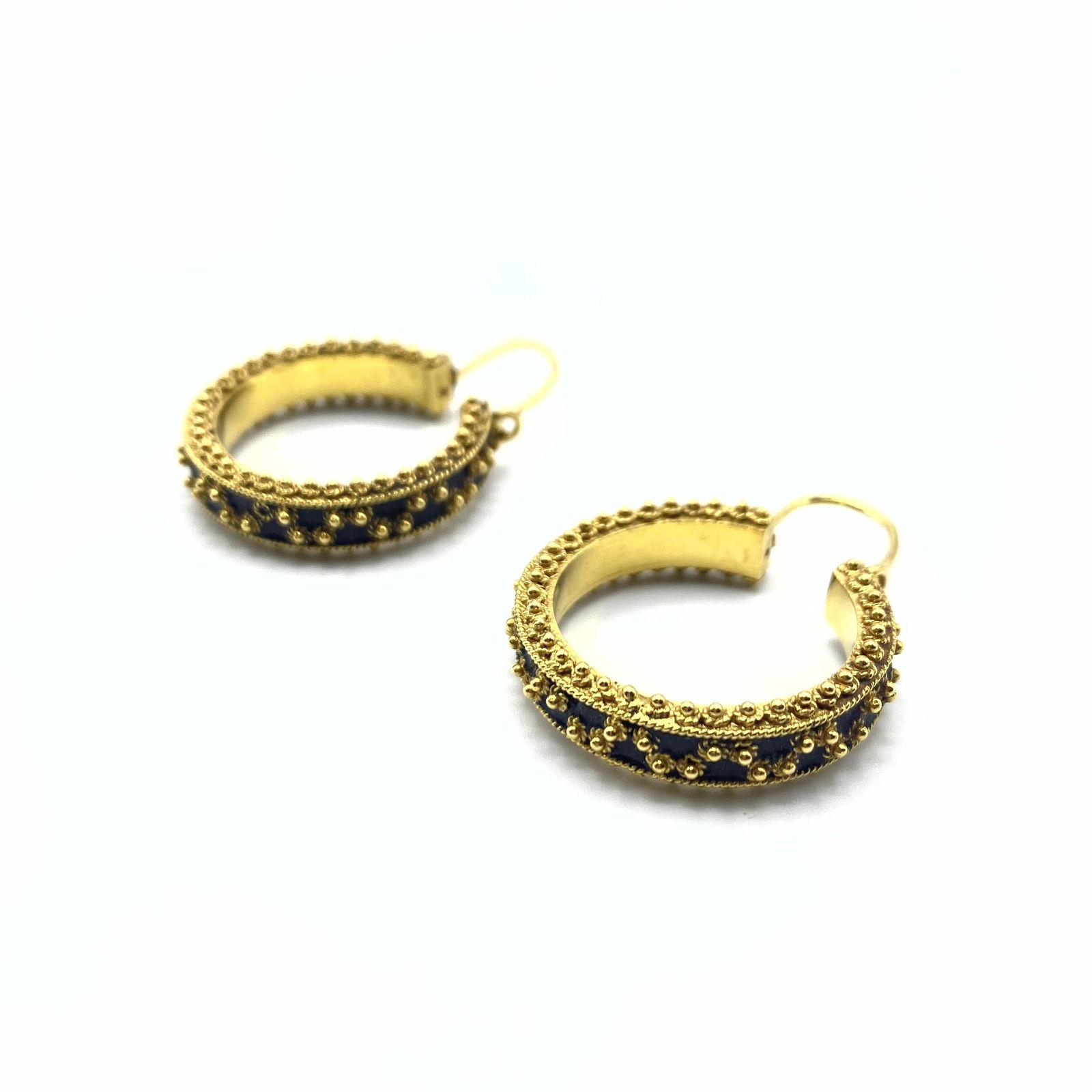 Pr 18k Gold Large Hoop Pierced Earrings. Black Enamel