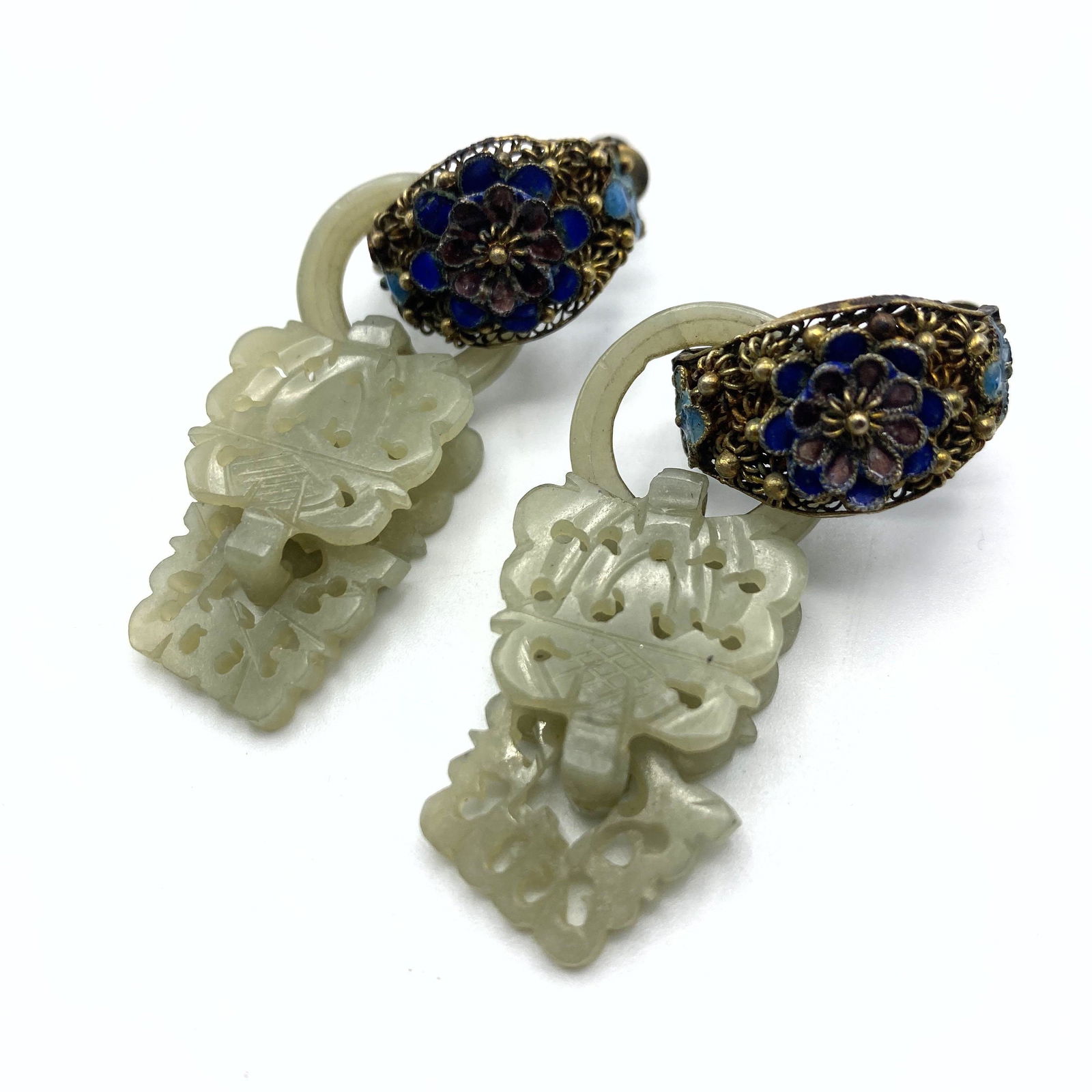 Pr Vintage Chinese Carved Jade Dangle Earrings. Decorat (1 of 6)