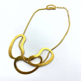 HERVE VAN DER STRAETEN Gilt Metal Modernist Necklace. 3: HERVE VAN DER STRAETEN Gilt Metal Modernist Necklace. 3 Hammered Organic form loops on snake chain. Marked. -- Dimensions: H: 2 inches: L: 15.5 inches --- US Shipping charge: $15 Plus insurance at a r