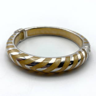 ANGELIQUE de PARIS Resin Sterling Overlay Vangle Bracel: ANGELIQUE de PARIS Resin Sterling Overlay Vangle Bracelet. Opaque creamy yellow resin with silver clasp & overlay. Marked 925.-- Dimensions: H: 3 inches: W: .5 inches: D: 3 inches --- US Shipping char