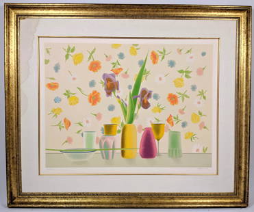 Elizabeth Osborne lithograph. Still life with flowers,: Elizabeth Osborne lithograph. Still life with flowers, vases, and wallpaper. Signed Osborne '87 and numbered XL/CXXV with certificate of authenticity on verso.-- Dimensions: H: 25.5 inches: W: 33 inch