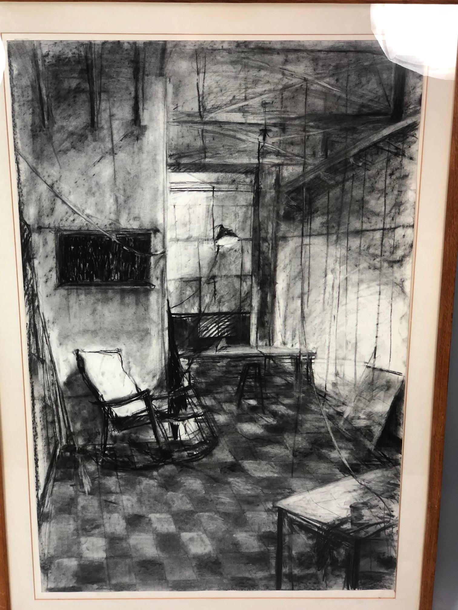 Large Modernist Charcoal Interior Drawing. Large sparse (1 of 8)