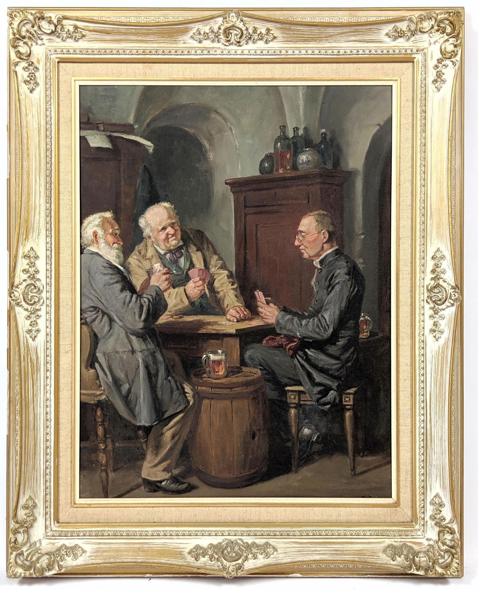Figural painting of three men playing cards. Oil on can (1 of 10)