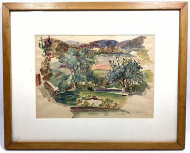 Bernard Karfiol (1886 - 1952) Watercolor Painting Drawi: Bernard Karfiol (1886 - 1952) Watercolor Painting Drawing. Hillside landscape with trees. Signed lower right. Matted and framed.-- Dimensions: Image Size: H: 11.5 inches: W: 16.25 inches ---