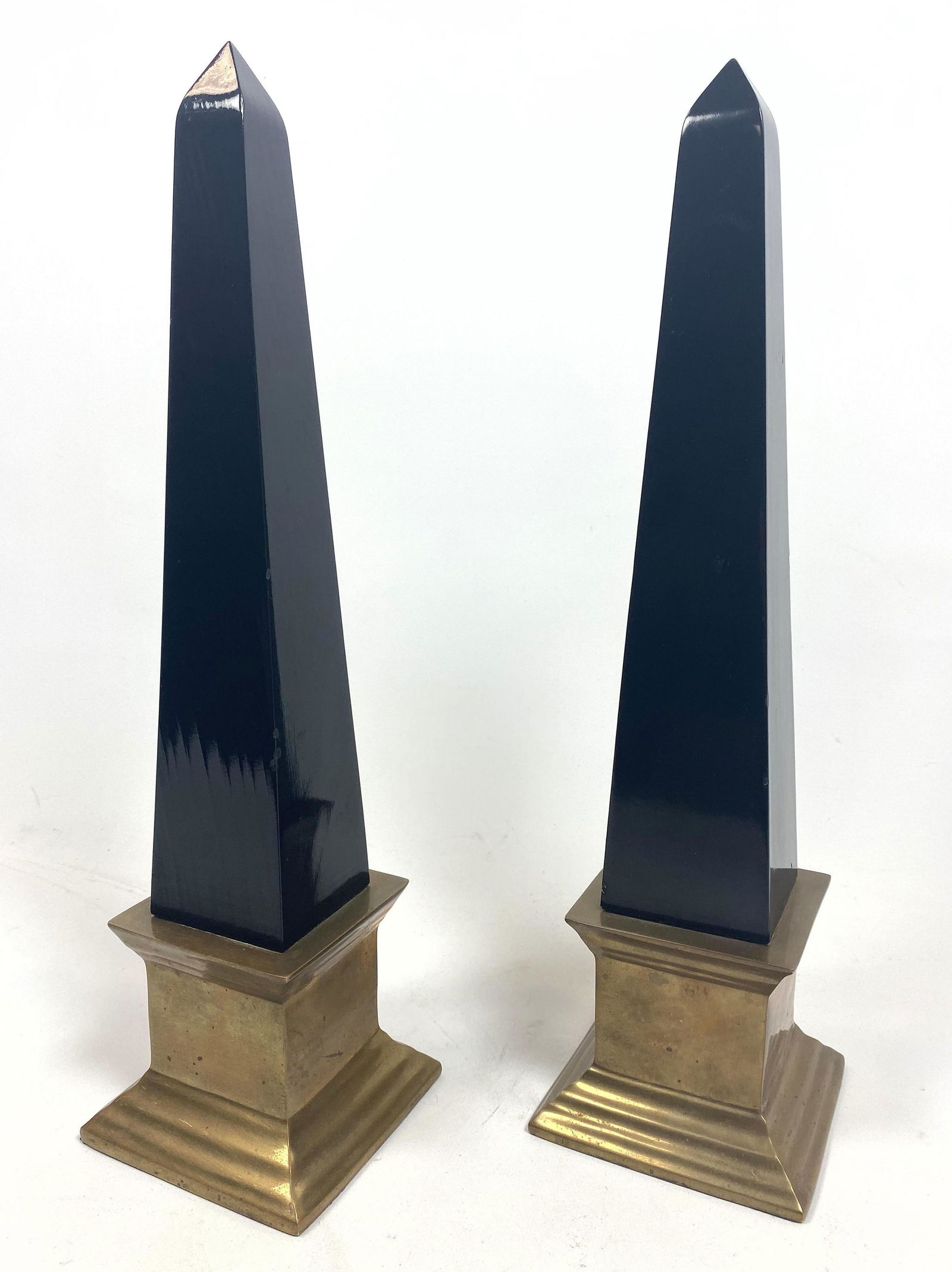 Pr Modernist Brass and Black Lacquer Obelisk Sculptures: Pr Modernist Brass and Black Lacquer Obelisk Sculptures. -- Dimensions: H: 15 inches: W: 4 inches: D: 4 inches ---