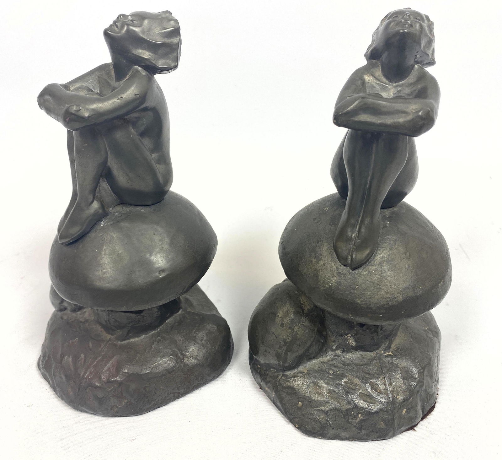 Pr Frankart Attributed Nouveau Bookend Table Sculptures: Pr Frankart Attributed Nouveau Bookend Table Sculptures. Metal female nude figures on mushrooms. C circle mark, 1925.-- Dimensions: H: 7.5 inches: W: 4.5 inches: D: 4.25 inches ---