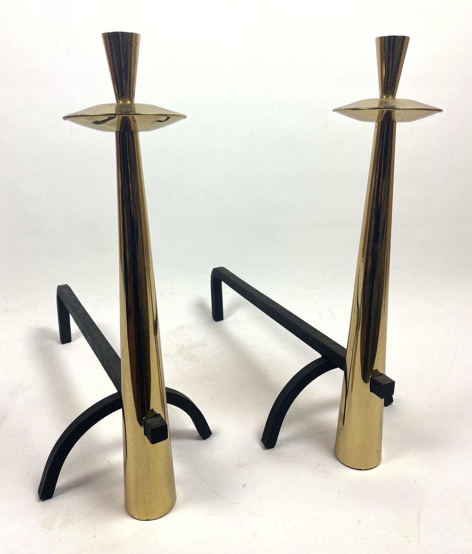 Pr Streamline Modernist Brass  Column Andirons. (1 of 8)