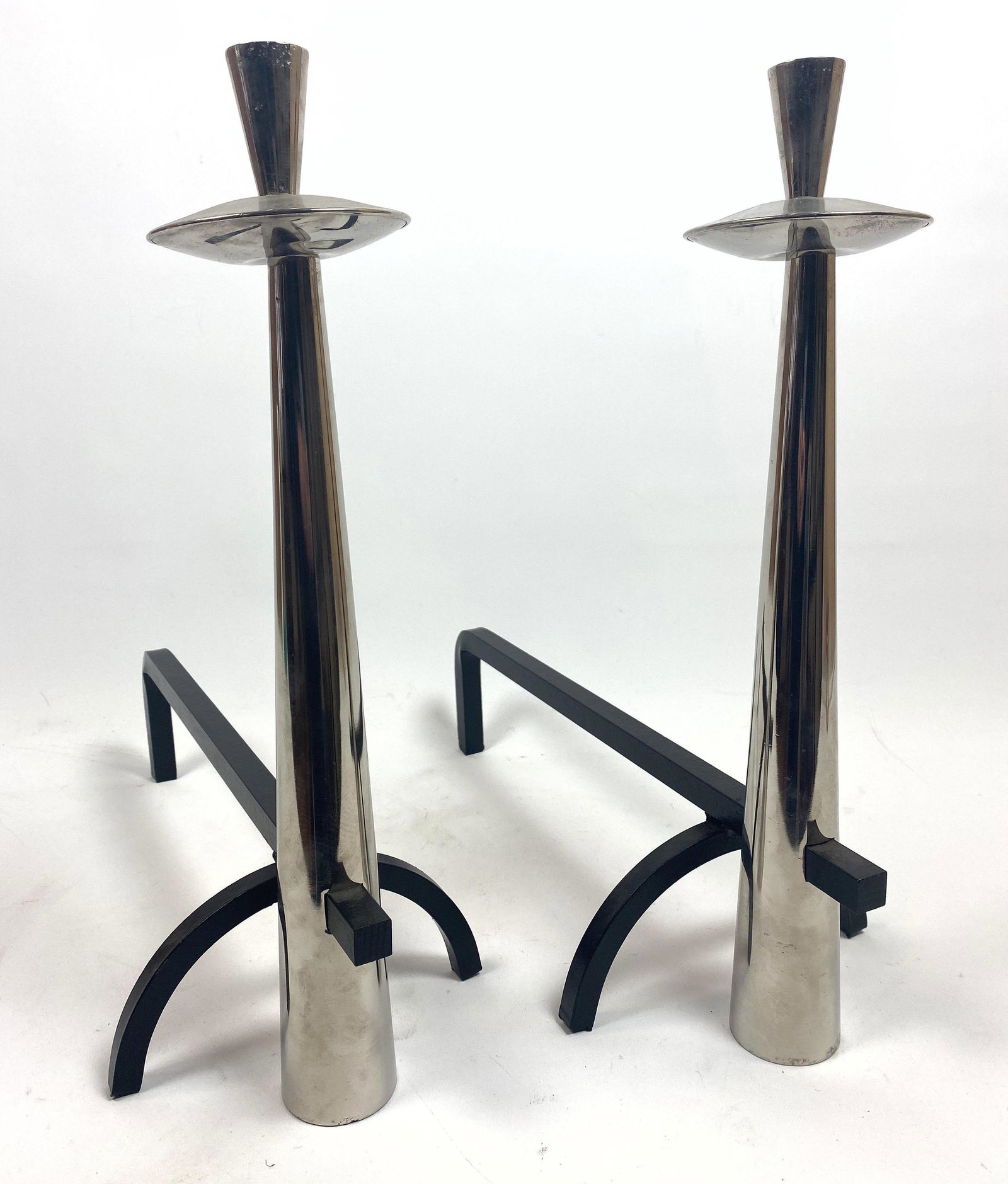 Pr Streamline Chrome Column Andirons.: Pr Streamline Chrome Tapered Column Andirons.-- Dimensions: H: 16.5 inches: W: 7 inches: D: 21 inches ---