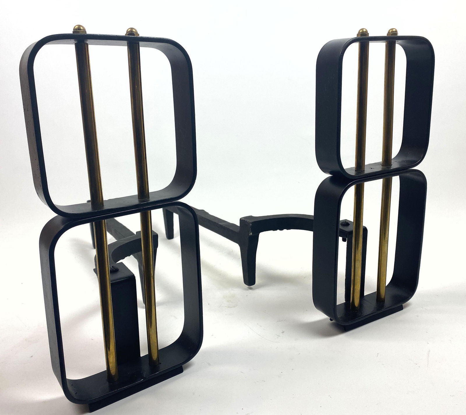 Black iron and brass stacked square andirons. Two open (1 of 7)