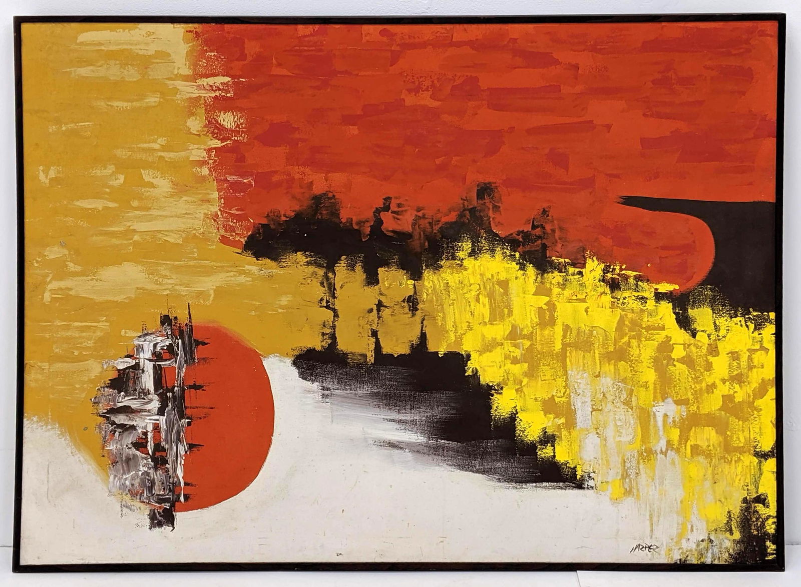 Signed HARPER Modernist Abstract Oil Painting. Orange, (1 of 8)