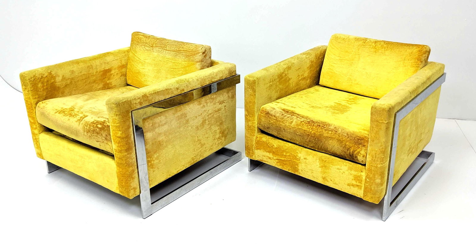 Pr Milo Baughman Style Lounge Chairs. Yellow Fabric wit (1 of 12)